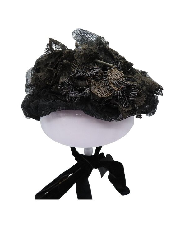 Womens One Size Mourning Hat Late 1800s Lace Netting Beaded Leaves Velvet Tie main image 14